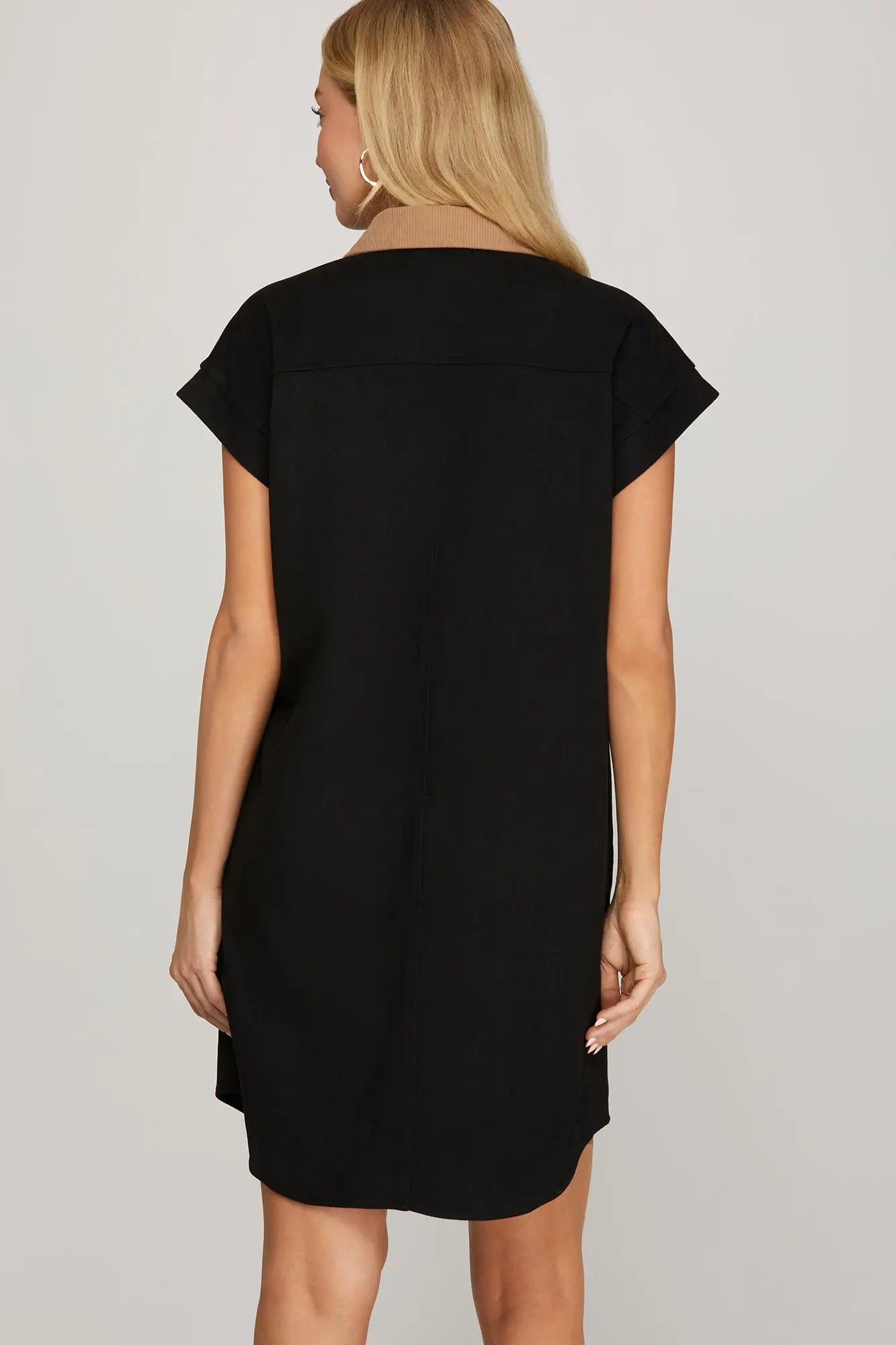 Short Sleeve Contrast Collar Button-Down Suede Mini Shirt Dress