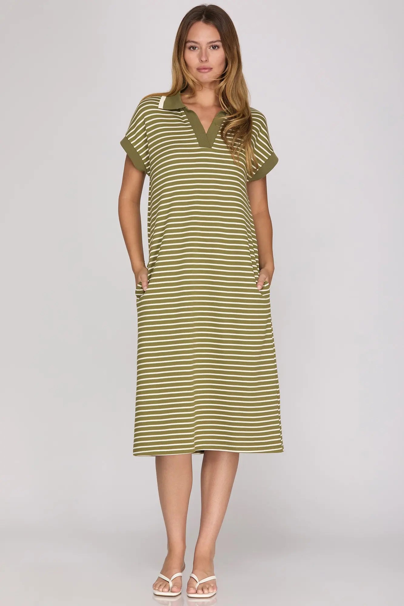 Drop Short Sleeve Striped Collared Knit Midi Dress with Pockets