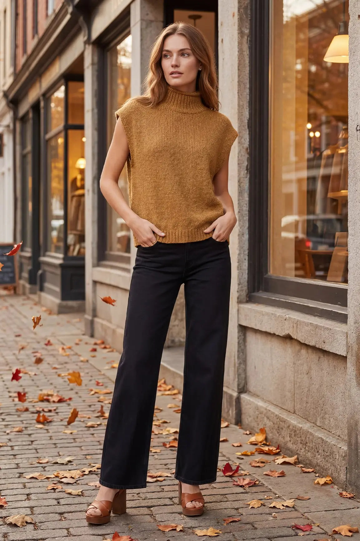 Drop Shoulder Sleeveless Mock Neck Sweater Vest