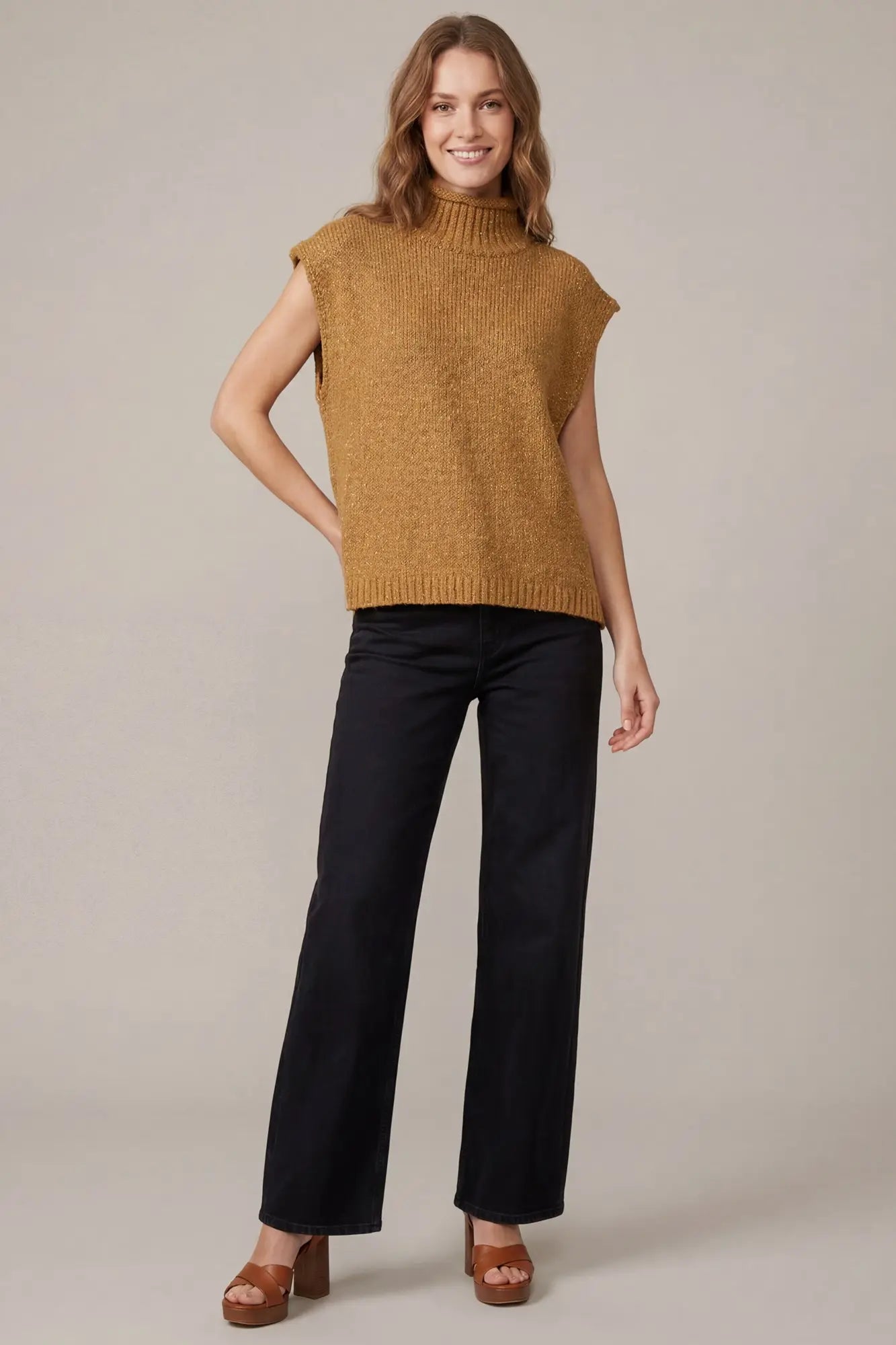 Drop Shoulder Sleeveless Mock Neck Sweater Vest