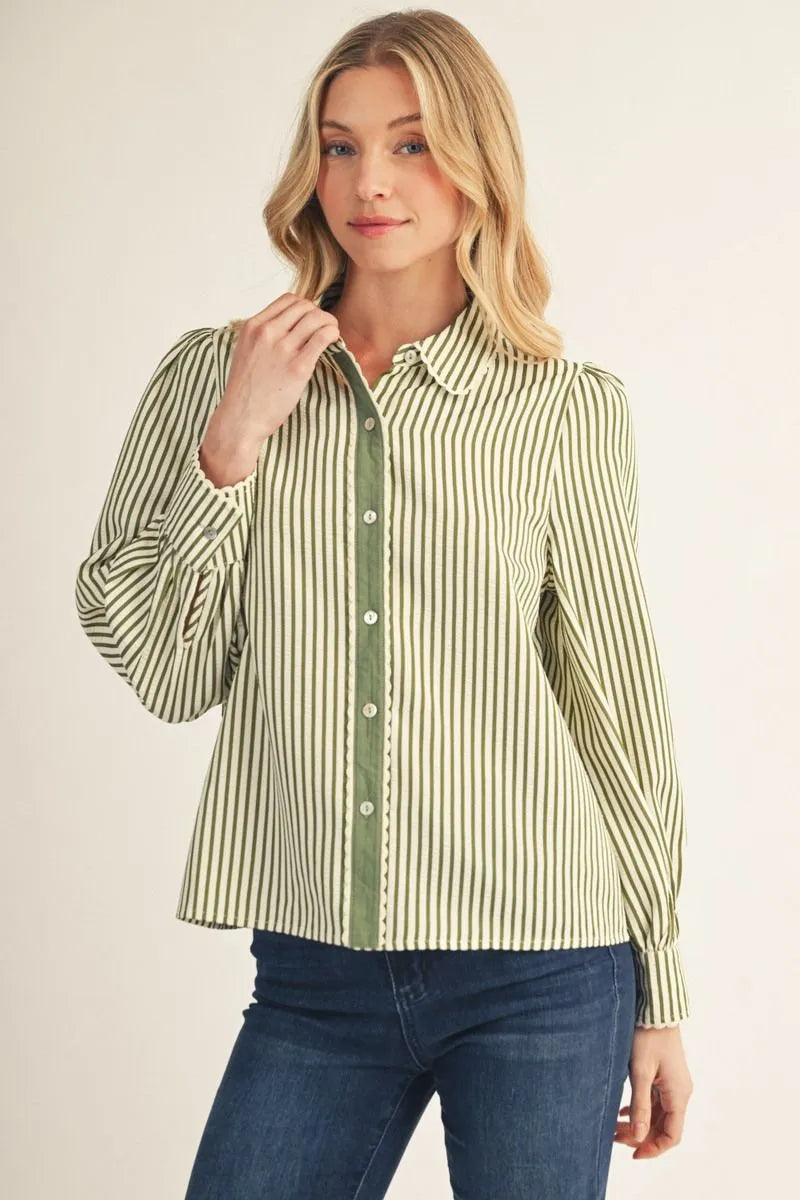 Stripe Button-Down Top with Scallop Detail