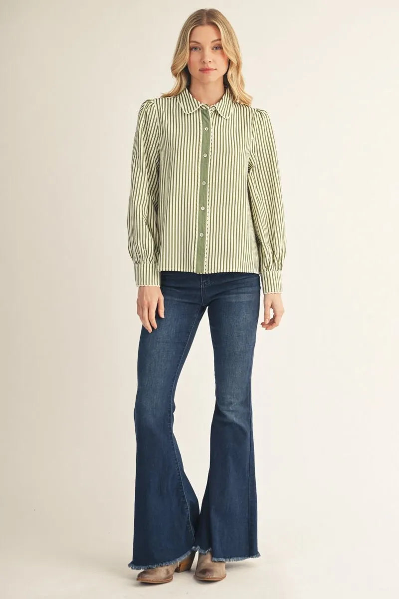 Stripe Button-Down Top with Scallop Detail