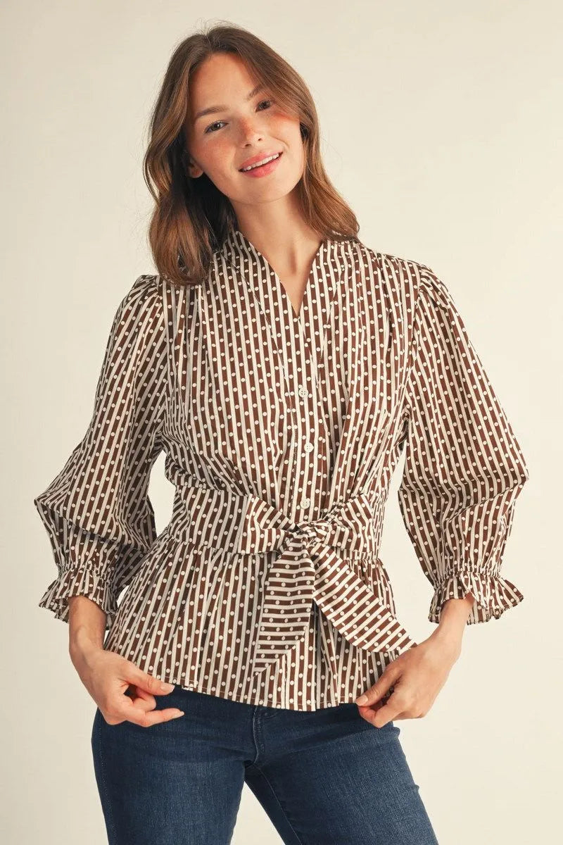 Polka Dot Stripe Ruffle Sleeve Peplum Blouse