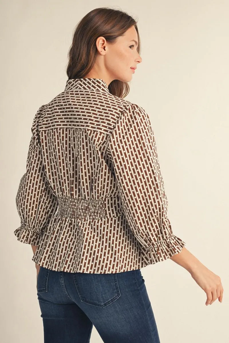 Polka Dot Stripe Ruffle Sleeve Peplum Blouse