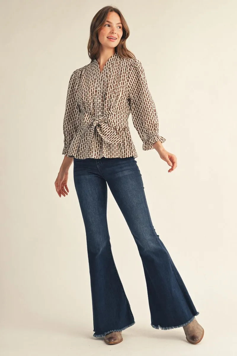 Polka Dot Stripe Ruffle Sleeve Peplum Blouse