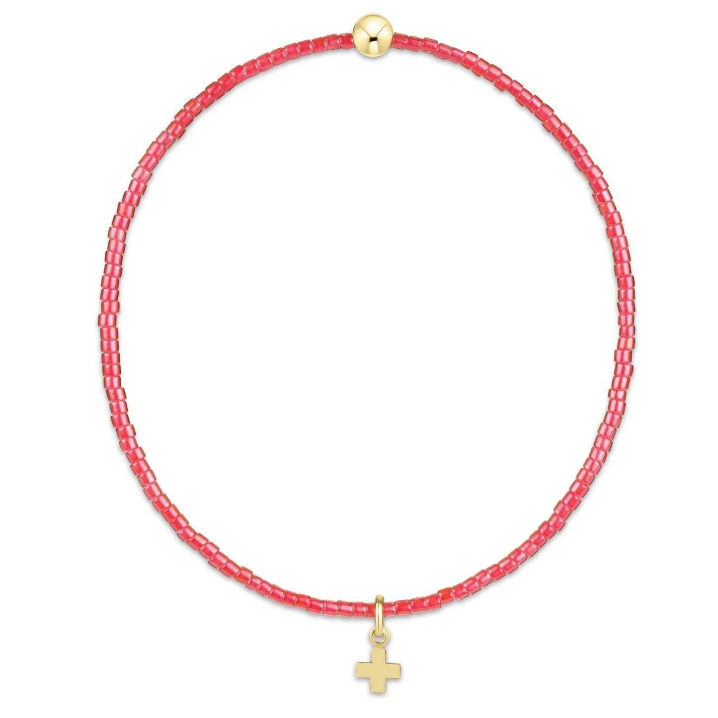 Pink beaded bracelet with a gold cross charm on a white background