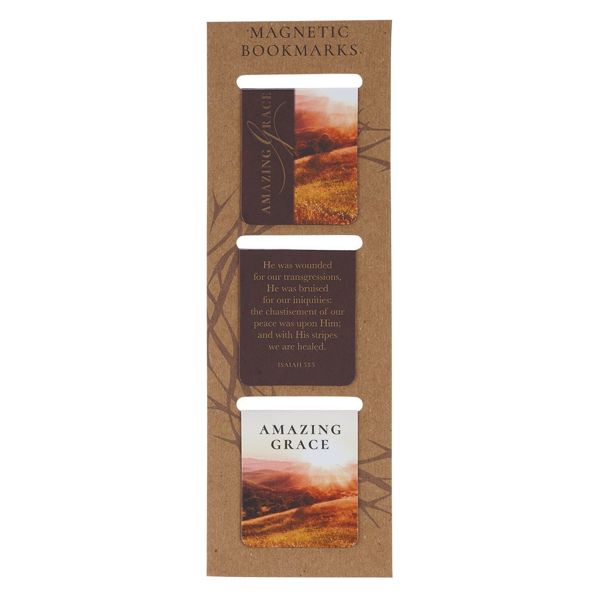 Magnetic bookmarks with scenic designs and text on a cardboard backing