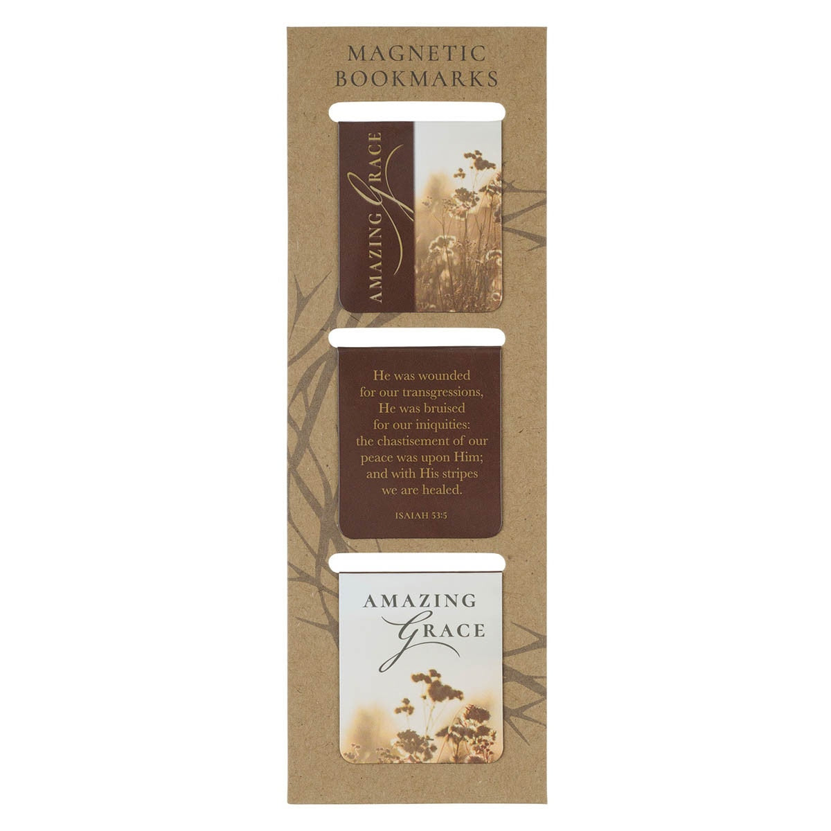 Packaging of magnetic bookmarks with 'Amazing Grace' text and imagery on a white background