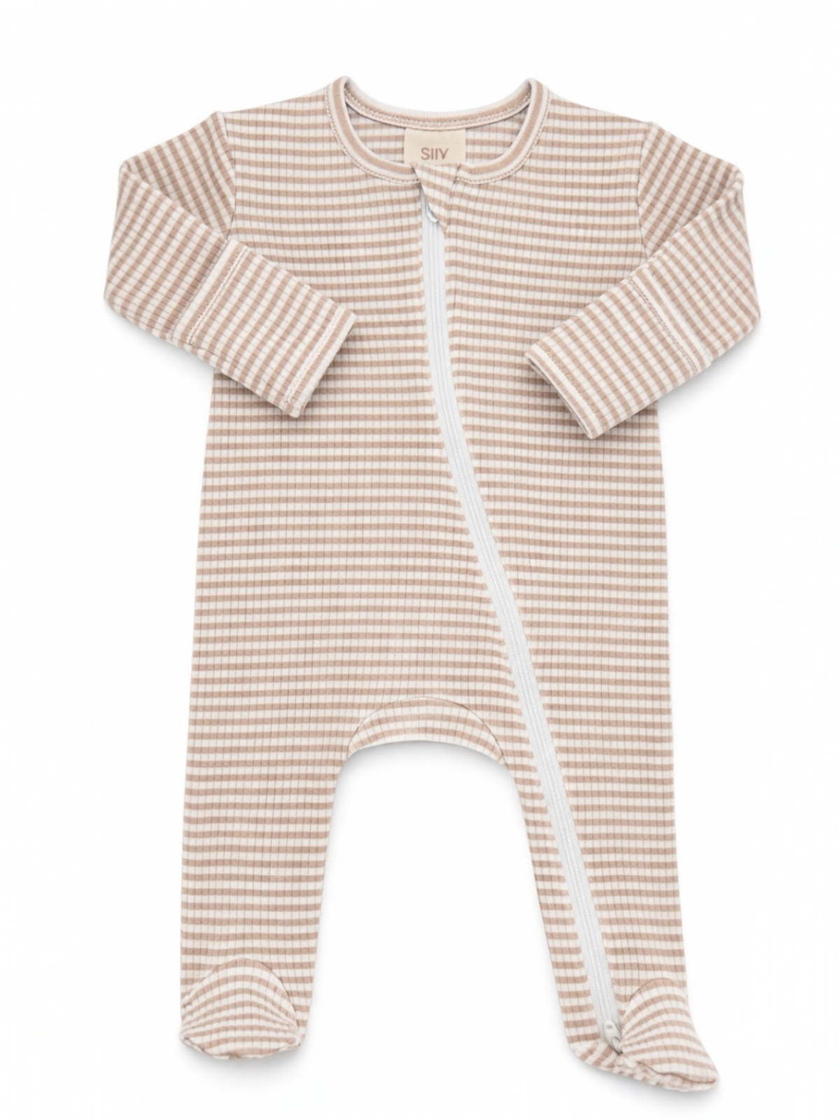 Tan Stripe - Ribbed 2-Way Zip Footie