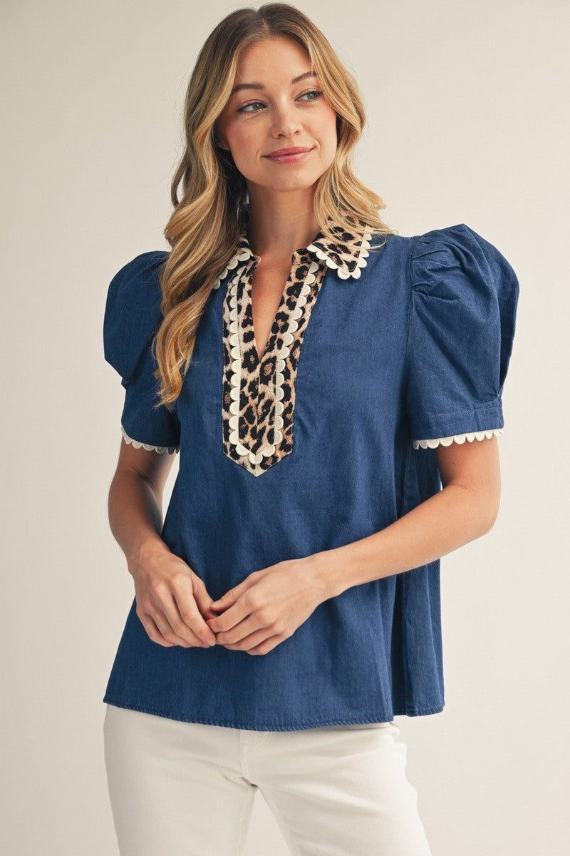 Denim Top with Leopard Accent