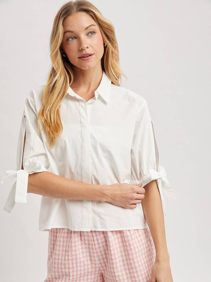 Tie Sleeve Button Down Blouse