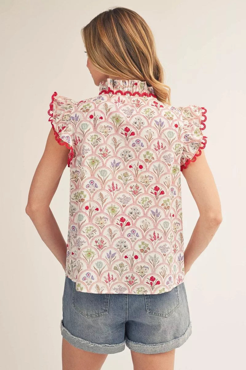 Red Trim Floral Top