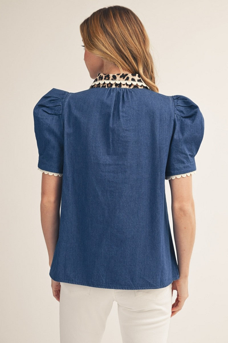 Denim Top with Leopard Accent