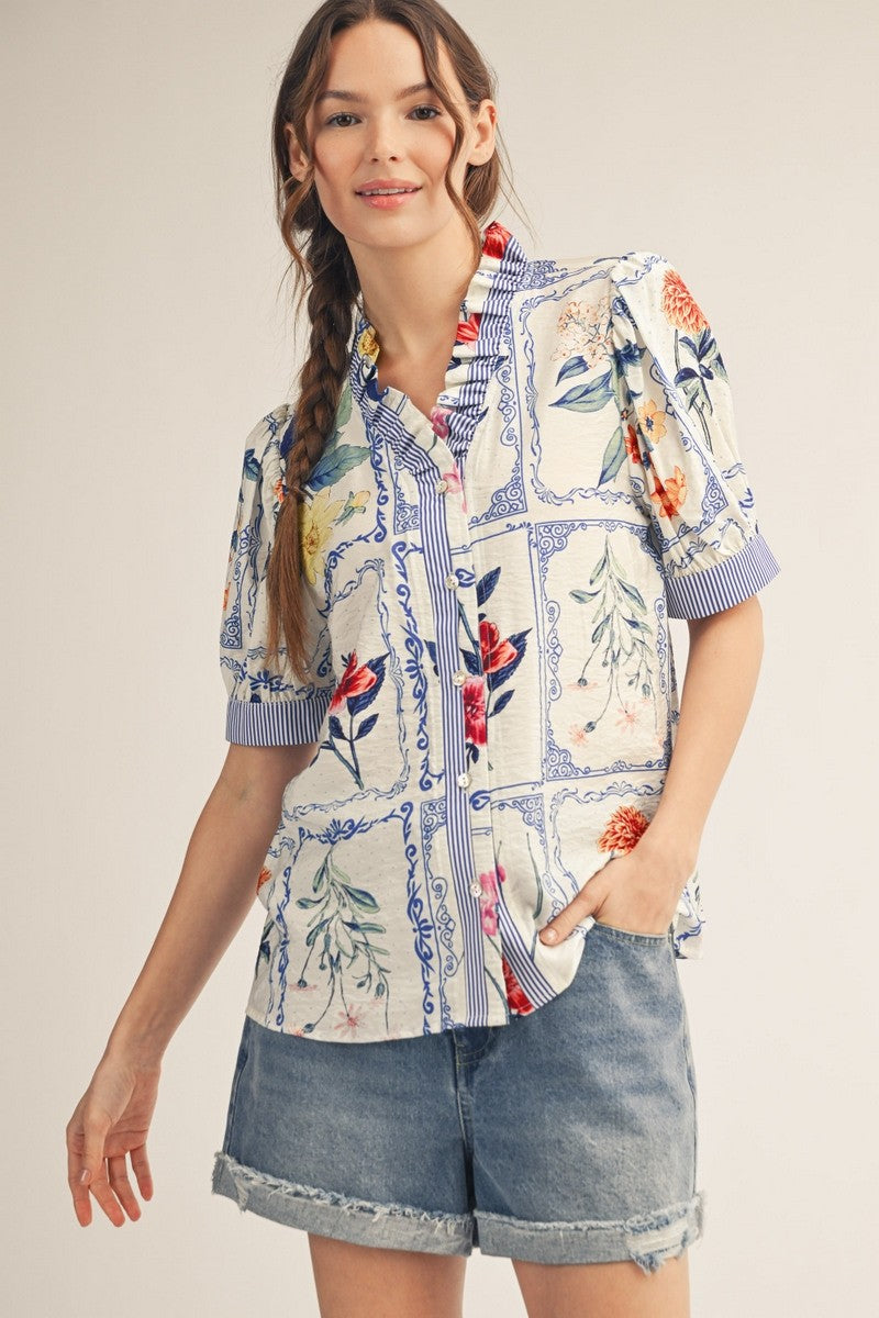 Blue Floral Button Down Top