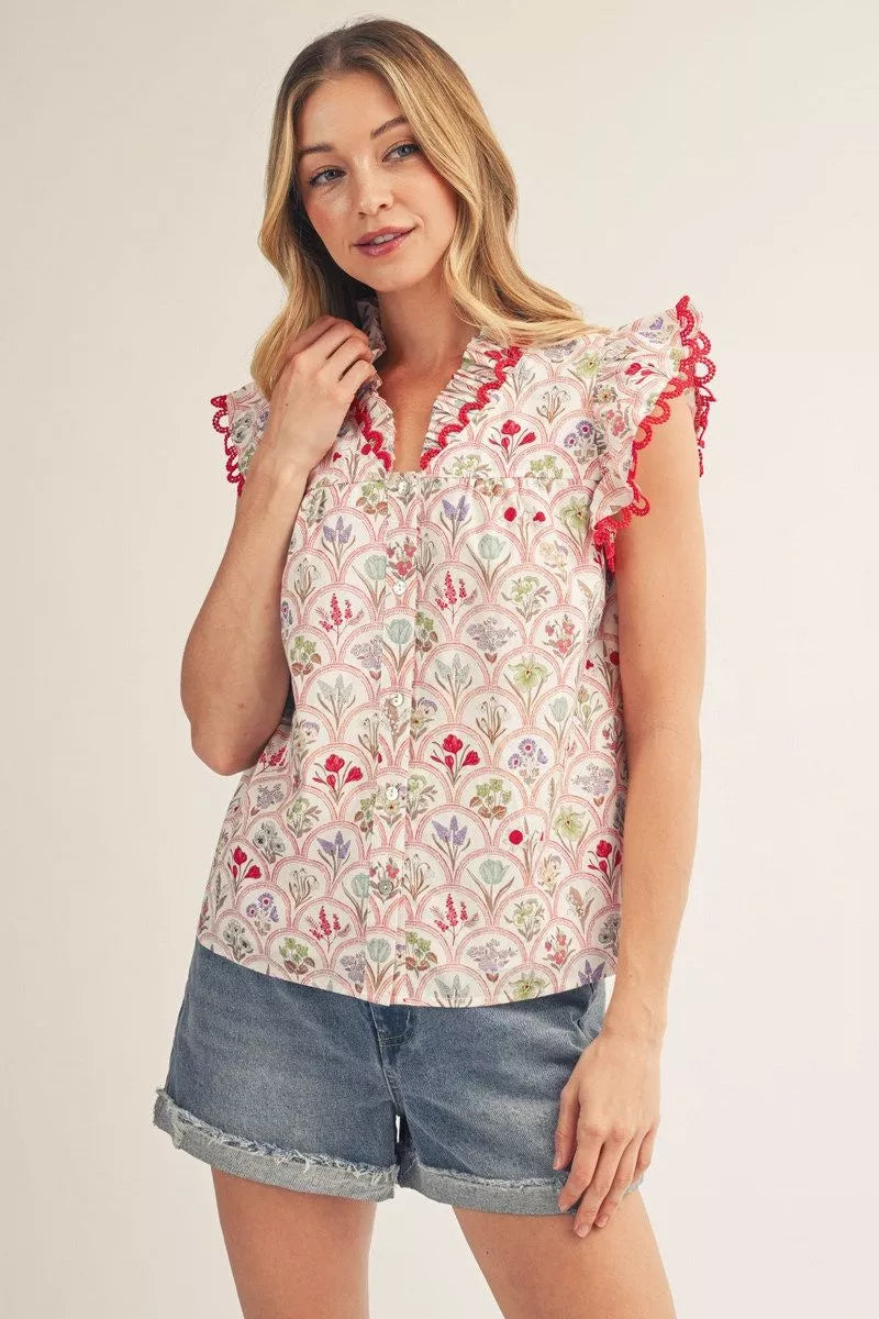 Red Trim Floral Top